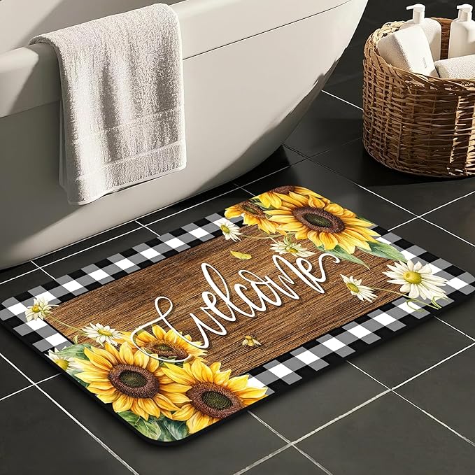 Quick Dry Bath Mat for Bathroom,Super Absorbent Sunflower Welcome Welcome Bath Rug Non-Slip Rubber,Machine Washable Bathroom Floor Mat for Shower, Tub, Sink Area Black and White Checked Wooden 16x24
