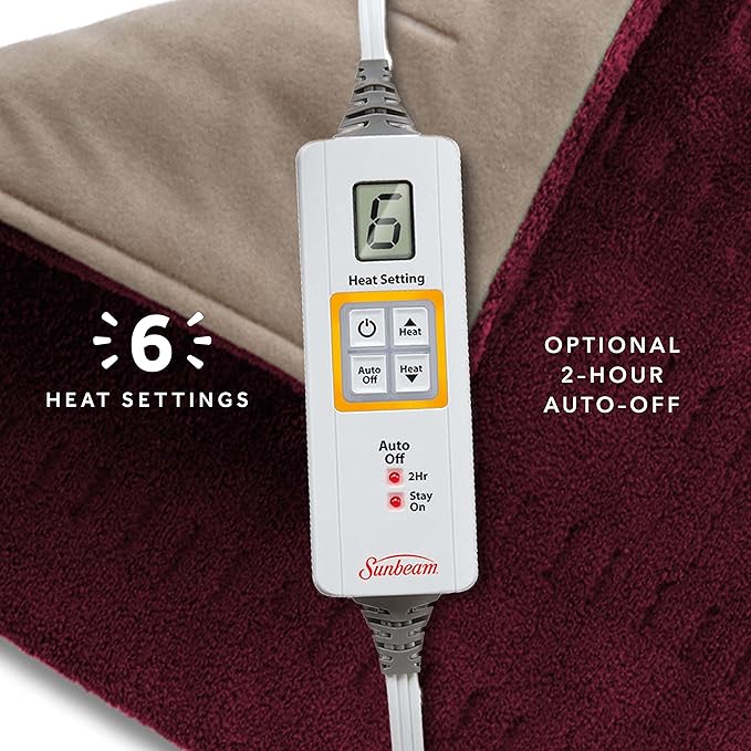 Sunbeam XL Back Neck and Shoulder Heat Therapy 12 x 24 with Auto Shut Off 6 Settings Machine-Washable Comfortable Microplush Fabric - Burgundy,(Pack of 6)