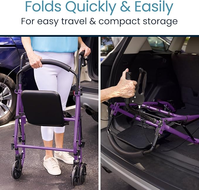 Vive Mobility Steel Rollator Walker with Seat - Foldable, Narrow, Rolling Senior Walker for Small Spaces - 4 Wheel Lightweight Adult Easy Drive with Underseat Storage, Adjustable Height (Purple)
