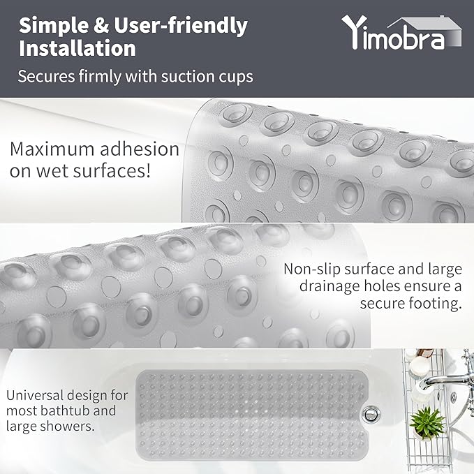 Yimobra Non Slip Bathtub Mat 40"x16", Super Strong Suction Cups, Extra Long Shower Mat with Drain Holes, Machine Washable Fast Draining Bathroom Floor Mat, Clear Grey