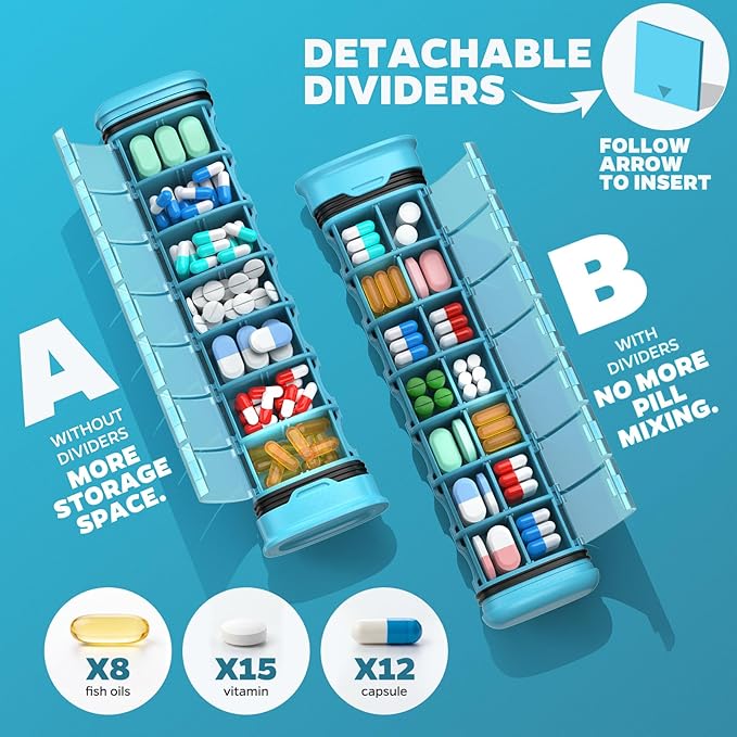 Metal 7 Day Pill Organizer 2 Times a Day-Travel Pill Box Case with Moisture-Proof Airtight Lids, Weekly AM PM Medicine Container for Vitamins, Fish Oil, Supplements and Medications (Blue)