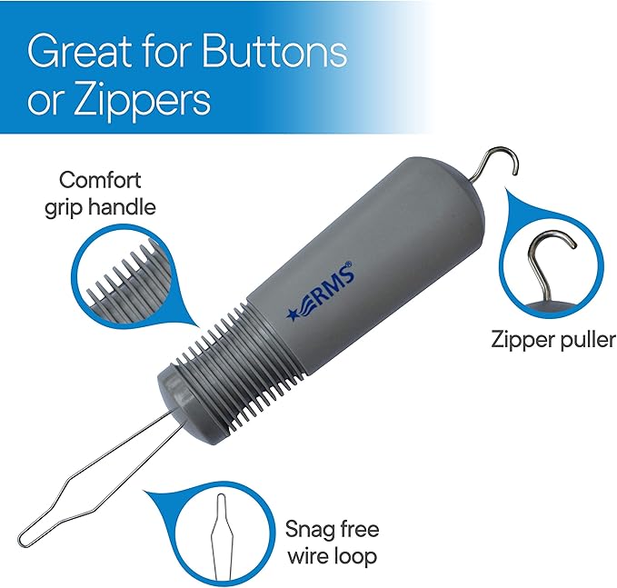 RMS Button Hook with Zipper Pull - Button Assist Device with Comfort & Wide Grip, Shirt & Coat Buttoning Aid Ideal for Limited Dexterity Caused by Arthritis (Grey)