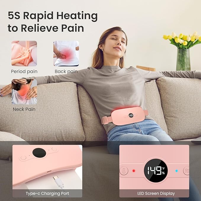 NOWWISH Heating Pad for Period Cramps Pain Relief, Portable Electric Cordless Menstrual Heating Pad Rechargeable with 6 Heat Levels and 6 Massage Modes, Mothers Day Gifts for Mom Daughter Wife, Pink
