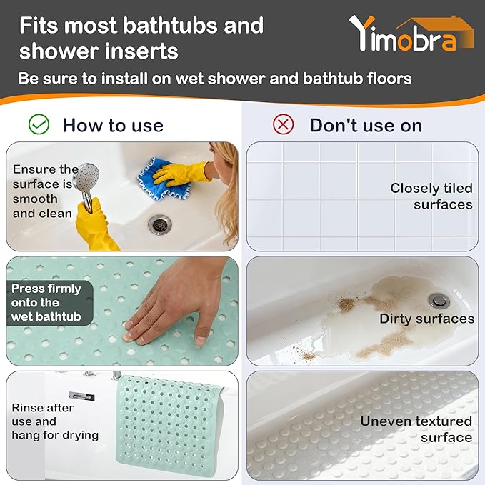 Yimobra Bath Tub Mat Non Slip, 34.5"x15.5" Long Shower Mat, Machine Washable Bathmat with Drain Holes and Suction Cups, Soft on Feet, Bathroom Essentials, Light Green