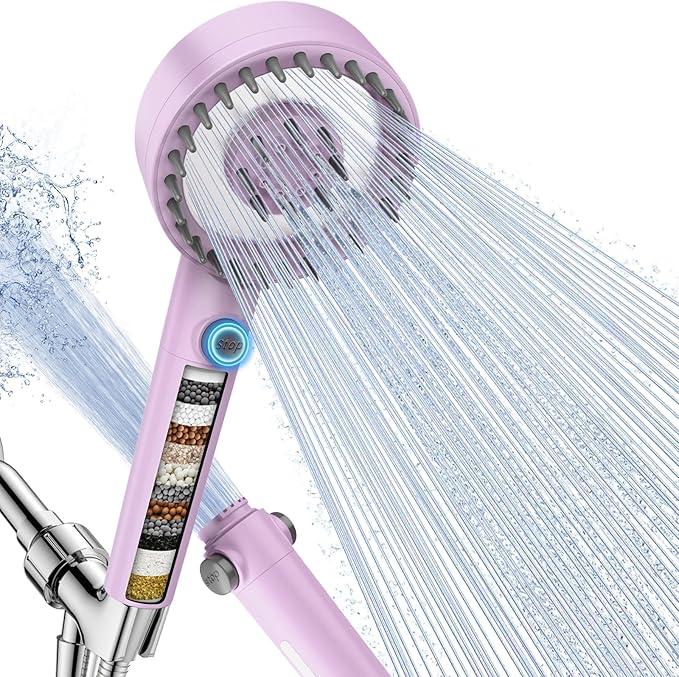 PWERAN Filtered Shower Head with Handheld, High Pressure 4 Spray Mode Showerhead with Filters, Water Softener Beads for Hard Water with ON/OFF Switch for Pets - Remove Chlorine (Purple, 5 Inch Panel)