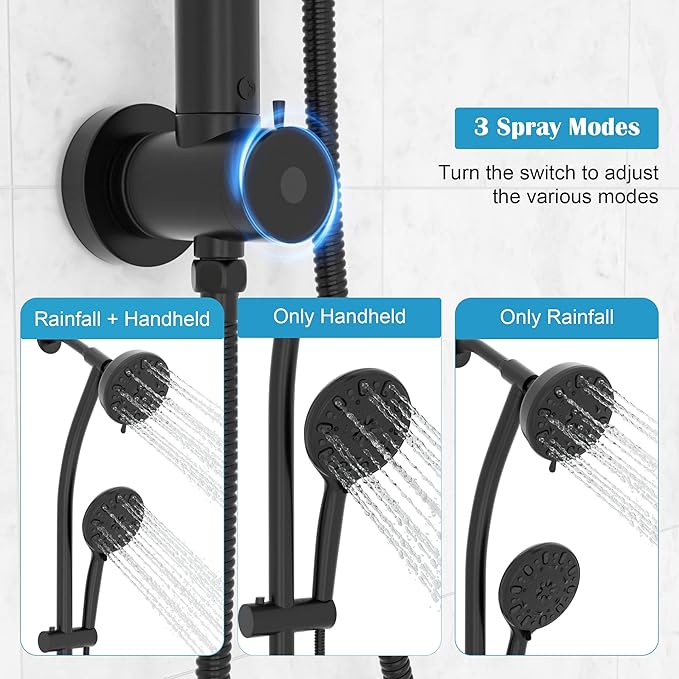 Lordear Rain Shower Head with Handheld Spray 7 Functions 3-Way Water Diverter Double Rain Hotel Spa Dual Bathroom Rain Shower Head Combo, Adjustable Sliding Bar,Black