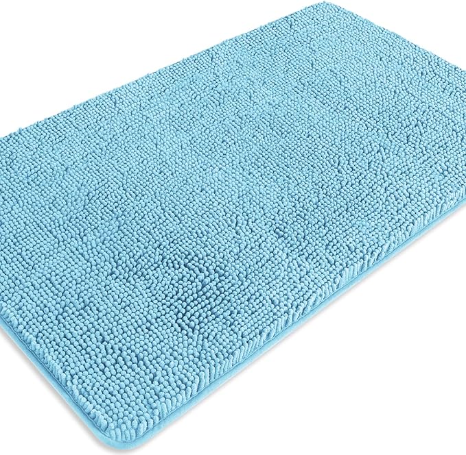 Sky Blue Bathroom Rugs – Absorbent and Washable Bath Mat, Non-Slip, Thick Soft Chenille Bath Rugs for Bathroom Floor, Shower, Sink - 26" x 44"