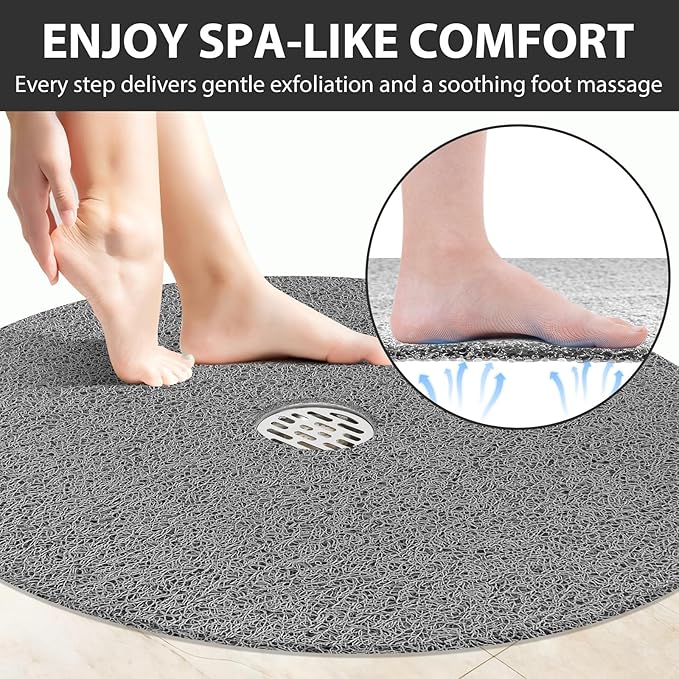 Non Slip Shower Mat: 32x32 inch Round Shower Mats for Inside Shower with Central Drain Hole, Soft Loofah Shower Floor Mat for Standing Shower Stall, RV, Tile Fiberglass Shower Pan, Quick Dry