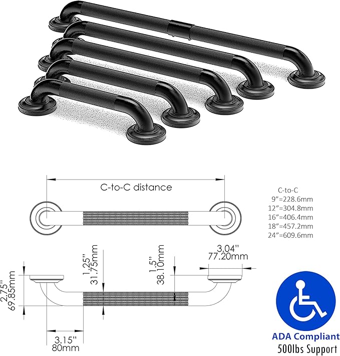 1-1/4" Knurled Grab Bar, ADA Compliant Bath Safety Shower Handrail, Bathroom Mobility Aid Handle for Seniors and Disabled, Heavy Duty 500lbs Support
