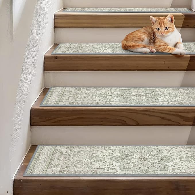 sarben Non Slip Stair Treads for Wooden Steps 15PCS - 8"x30" Indoor Safety Carpet, Edging Mats with TPE Adhesive Backing, Pet and Elderly Friendly Stair Rugs (Sage&Green)