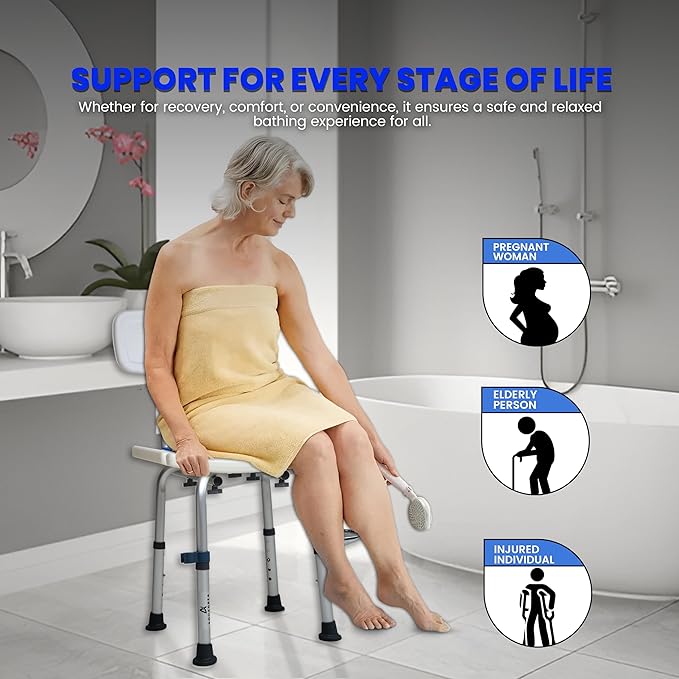 Shower Chair for Inside Shower With Soap box - Height Adjustable Shower Chair for Elderly and Disabled with Removeable Back & Enhanced Non-Slip Feet - Lightweight Aluminum Construction - Blue