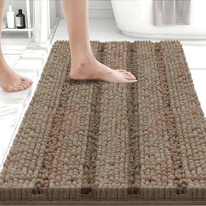 Bcoimo 24"×17" Chenille Bath Mat – Non-Slip with Backing Bath Rug Ultra-Absorbent and Machine Washable Bathroom Mat Quick-Dry Design. Ideal for Bathroom and Tub Areas