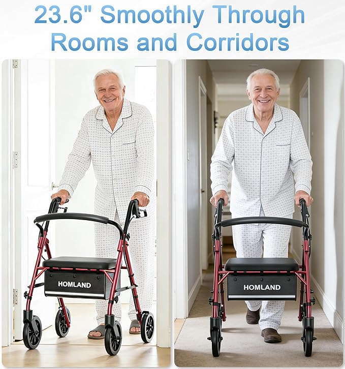 16 Pounds Lightweight Walkers for Seniors with Seat, Narrow Rolling Walker with 4 Puncture-Resistant Wheels, 5-Level Height Adjustable, 300 lbs Weight Capacity (Red)