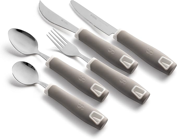 Special Supplies Adaptive Utensils 5-Piece Set Non-Weighted, Non-Slip Handles for Hand Tremors, Arthritis, Parkinson’s or Elderly Use - Stainless Steel Knife, Rocker Knife, Fork, Spoons (Grey)