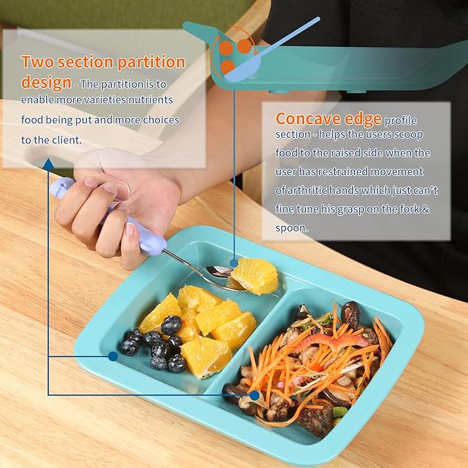 Adaptive Utensils Scoop Weighted Plate,2 Section Divided Spill-proof Plates with Extra Wall for Elderly,Non-slip Disabled Products for Handicapped to Self-feeding-Pack of 1