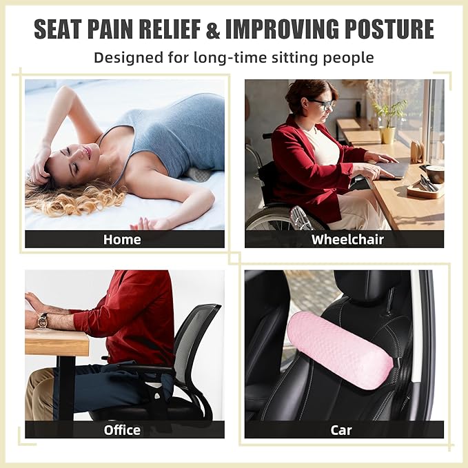 Lumbar Roll Pillow for Lower Back, Lumbar Support Foam Roll Cushion with Pillowcase and Upgraded Strap for Office, Chair, Car, Seat Pain Relief & Improving Posture (Light Pink, Short-11 * 4.3'')