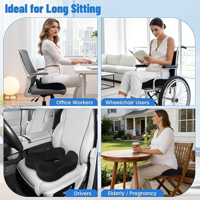 Wheelchair Seat Cushion, Premium Memory Foam Office Chair Cushion, Supportive Donut Pillow for Sciatica, Tailbone & Back Relief, Ergonomic Long Sitting Chair Pad for Car, Airplane, Black