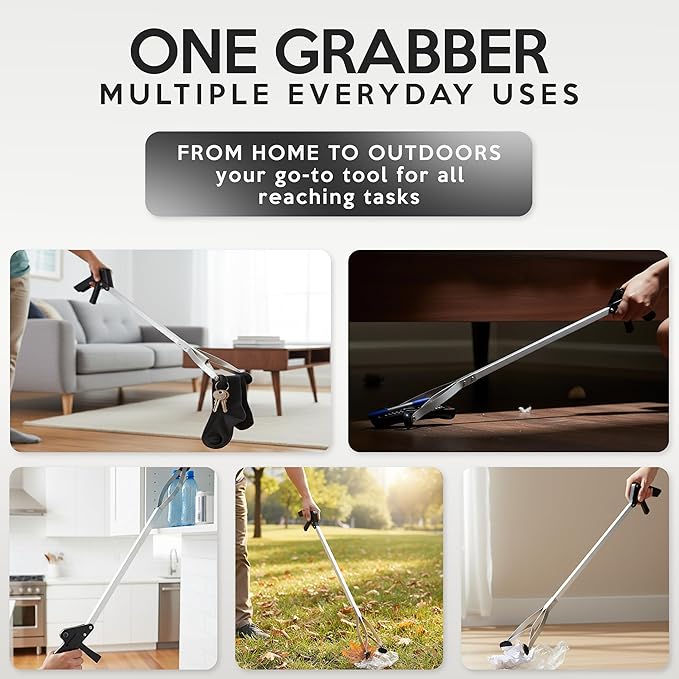 Suction Cup Grabber Reacher 32"" - Elderly Grab It Reaching Pickup Tool Heavy Duty for Seniors - Trash, Sticks, Litter Picker Upper - Extra Long Reach Handle & Handy Extension Arm Claw (2), Grey
