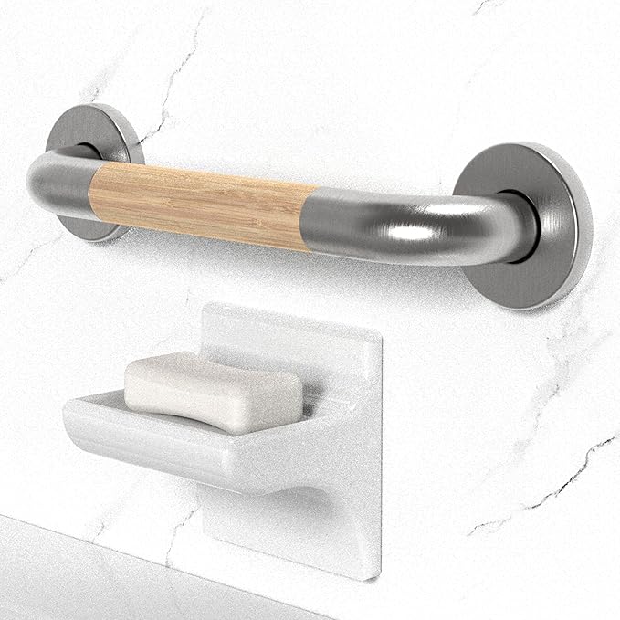 Safety Grab Bar for Bathroom & Toilet, Natural Bamboo Handle, ADA Compliant Balance Assist Handrail for Handicap and Seniors, 12in Brushed Nickel