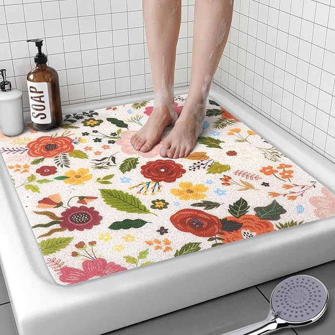 Square Shower Mat, 24 x 24 Inch Non Slip Flower Shower Stall Mat, Quick-Dry PVC Loofah Bath Mat for Shower Tub Bathroom