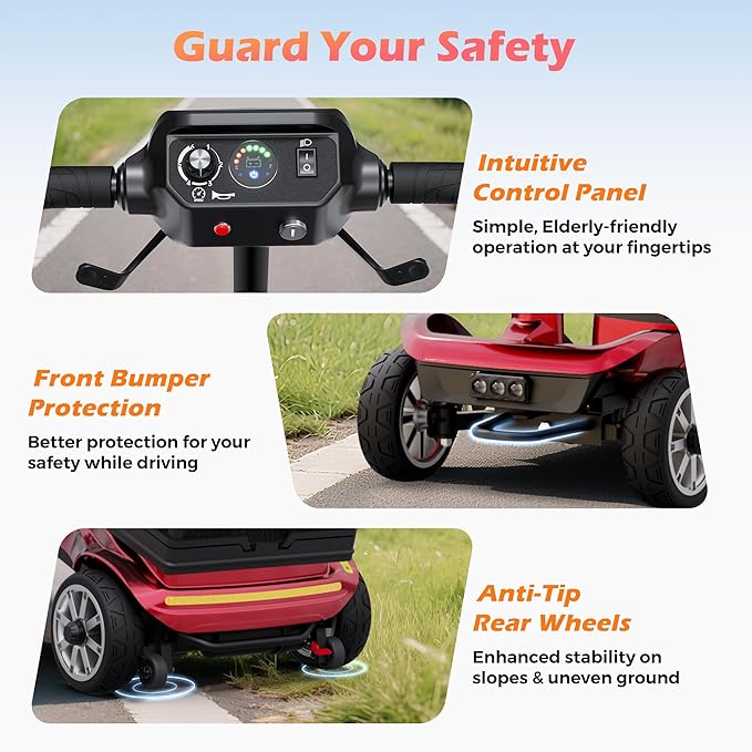 Mobility Scooter for Adults with Spare Battery – 24.8 Miles Total Range, 4-Wheel Foldable Portable Motorized Scooter, 330 lbs Capacity, Dual Baskets, Cup & Phone Holder, Red