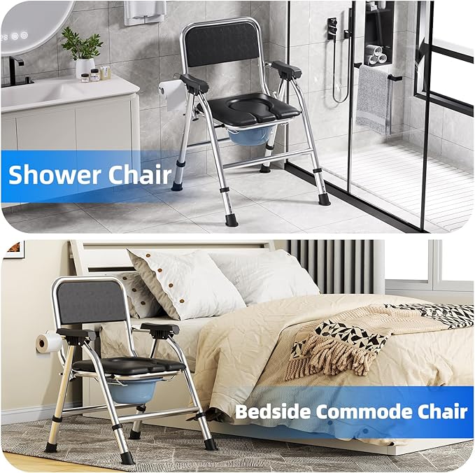 4 in 1 Folding Bedside Commode Chair for Elderly with Arms and Back,Adjustable Height Raised Toilet Seat with Handles,Adults Potty Chair for Seniors,Disabled and Pregnant