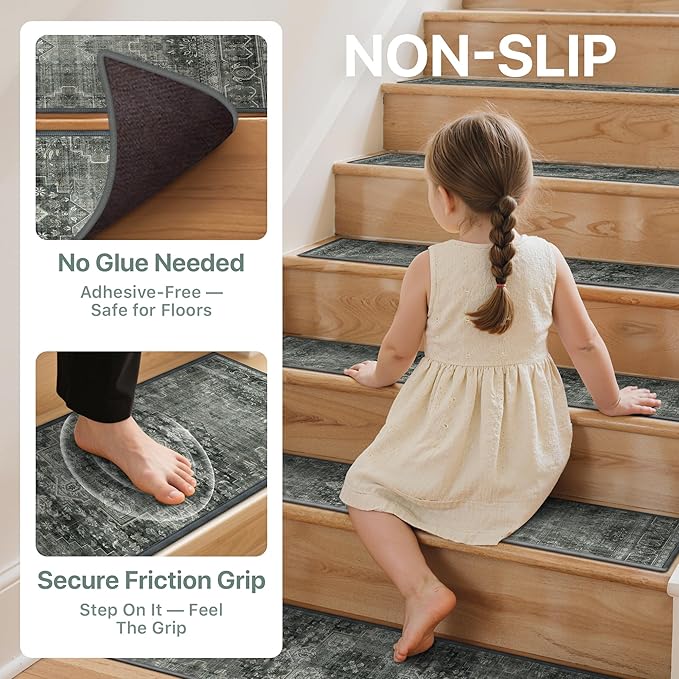 Non Slip Stair Treads for Wooden Steps 15PCS - 8"x30" Indoor Safety Carpet, Edging Mats with TPE Adhesive Backing, Pet and Elderly Friendly Stair Rugs (Charcoal Gray)