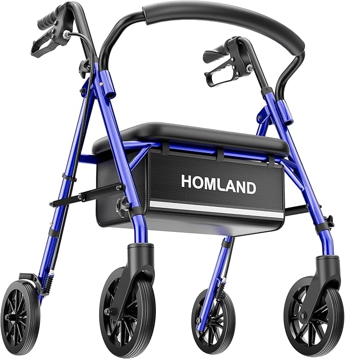 16 Pounds Lightweight Walkers for Seniors with Seat, Narrow Rolling Walker with 4 Puncture-Resistant Wheels, 5-Level Height Adjustable, 300 lbs Weight Capacity (Blue)
