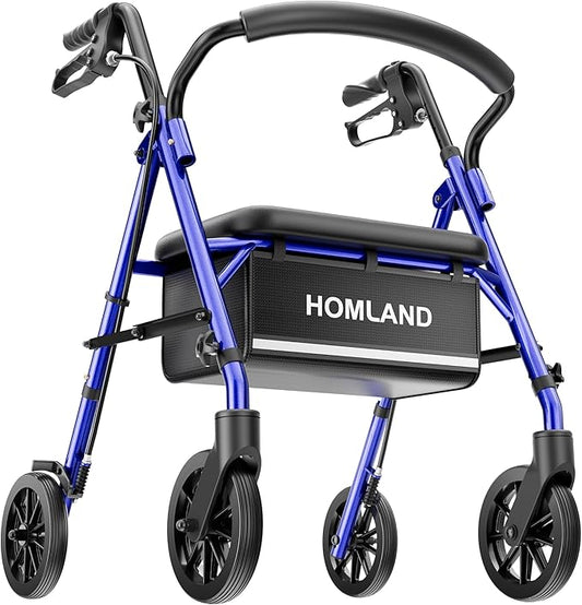 16 Pounds Lightweight Walkers for Seniors with Seat, Narrow Rolling Walker with 4 Puncture-Resistant Wheels, 5-Level Height Adjustable, 300 lbs Weight Capacity (Blue)