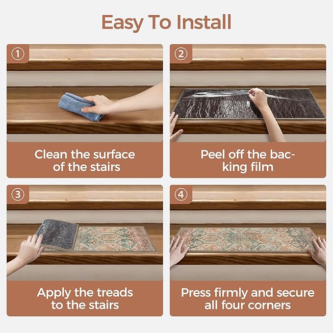 sarben Carpet Stair Treads Non Slip 15PCS, 8" X 30" Edging Stair Runner for Wooden Steps Indoor, Resistant Stair Rugs with Reusable TPE Adhesive Backing, Residue Mat for Elders, Pets, Cedarwood/Sage
