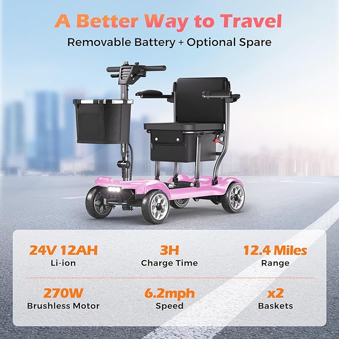 Lightweight Mobility Scooter for Adults & Seniors - Cruise & Airport Approved, 43lb Foldable Portable Motorized Scooters with Removable Lithium Battery for 12.4 Miles Travel, 300lb Capacity, Pink