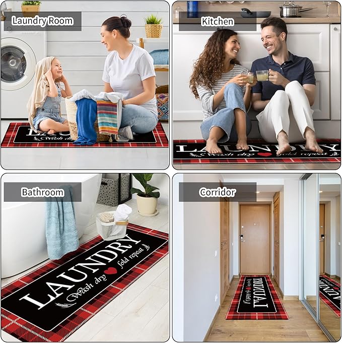 XLHOMO Laundry Room Rug Runner, 17"x47" Buffalo Plaid Non Slip Red Laundry Rugs, Farmhouse Washable Floor Laundry Mats for Laundry Room, Mudroom, Kitchen, Washroom, Bathroom, Entryway Rugs Decor
