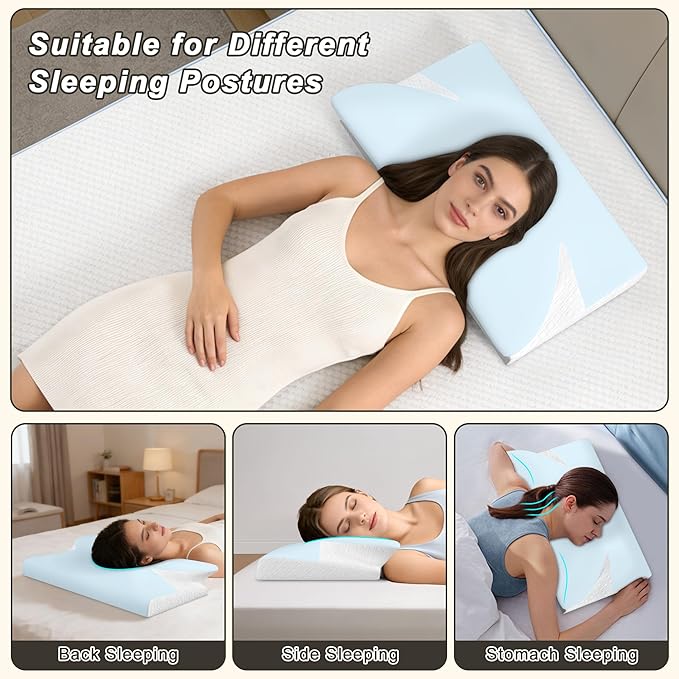 Cervical Pillow for Neck Pain Relief - Cooling Ergonomic Memory Foam Pillow with Arm Rest Slot & Ice Silk Pillowcase, Dual-Height Orthopedic Support Contour Pillow for Side, Back, Stomach Sleepers