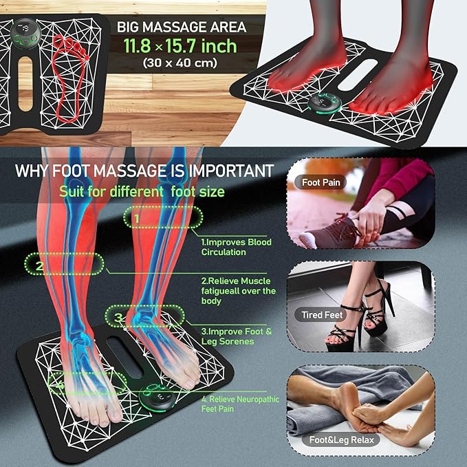 EMS Foot Massager Mat Acupressure for Neuropathy with Remote Control Legs Foot Stimulator Massager Machine Electric Pulse Pad for Muscle Relaxation Pain Relief 8 Modes 19 Levels Intensity