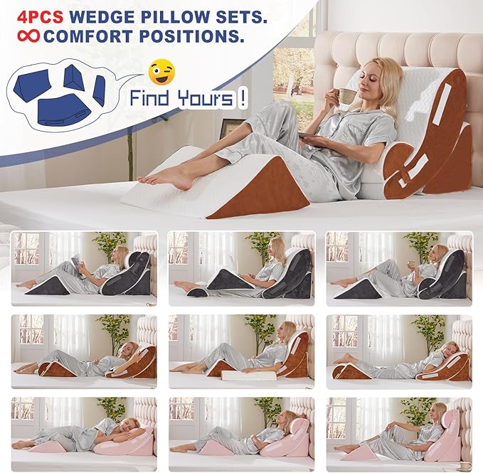WSOFRLAC Orthopedic Bed Wedge Pillow Set 4PCS – Memory Foam Pillows for Sleeping, Post Surgery, Back Pain, Sitting Up in Bed, Acid Reflux, Snoring, Leg & Arm Support, White Brown