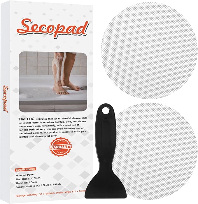 Secopad Original Bathtub Non-Slip Stickers for Tub & Shower Floor, Strong Anti-Slip Shower Stickers with Scraper Ideal for Families with Kids, Adults & Seniors, 24 PCS (Clear)