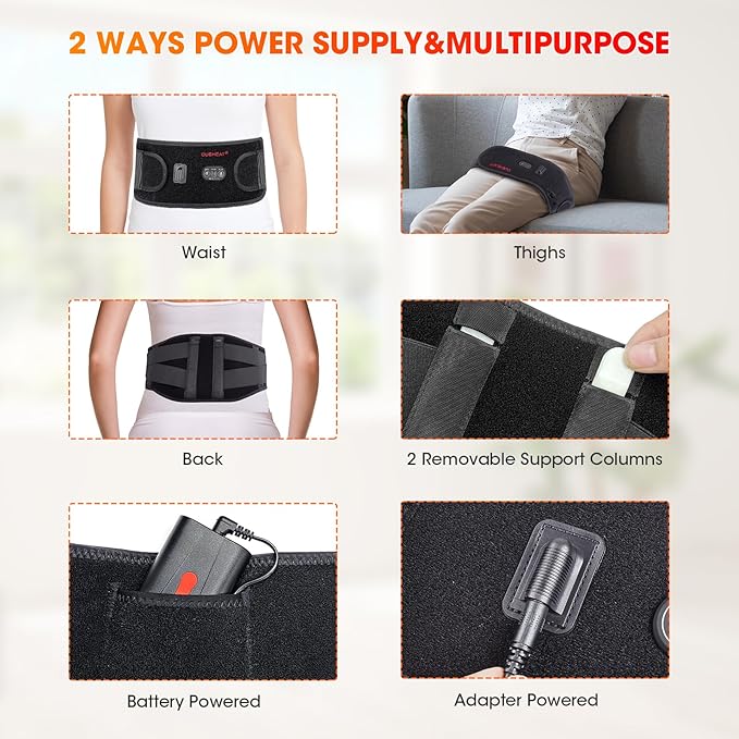 CUEHEAT Heated Waist Belt, Cordless Heating Pad for Low Back, Electrical Heating and Massage, Rechargeable Battery Powered (Black Upgraded,53 inches)