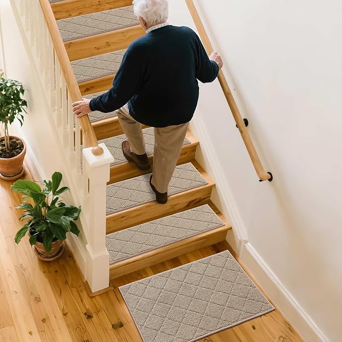 COSY HOMEER Stair Landing Rug Non-Slip 20"x32" Stair Treads for Wooden Steps,Washable Peel and Stick Stair Treads Matching Mats,Pet Friendly Soft Reusable Stair Landing Mat for Kids and Elders,Beige