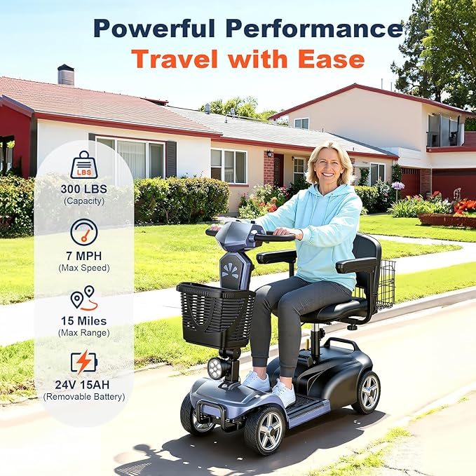 15/25/30/50Miles Eldryvon 4 Wheels Electric Mobility Scooter for Seniors, Dual Basket, 350W Powered Wheelchair with Rotating Seat, Foldable Motorized Scooter for Adults (Grey, 15Miles)