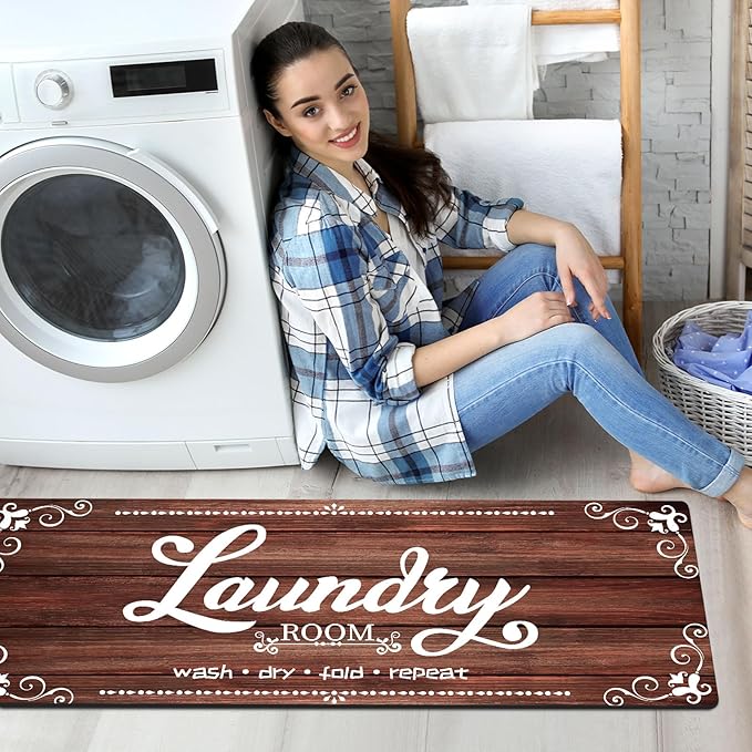 XLHOMO Laundry Room Rug Runner, 17.7"x45" Non Slip Brown Laundry Rugs, Farmhouse Washable Floor Laundry Mats for Laundry Room, Mudroom, Kitchen, Washroom, Bathroom, Hallway Entryway Area Rugs Decor