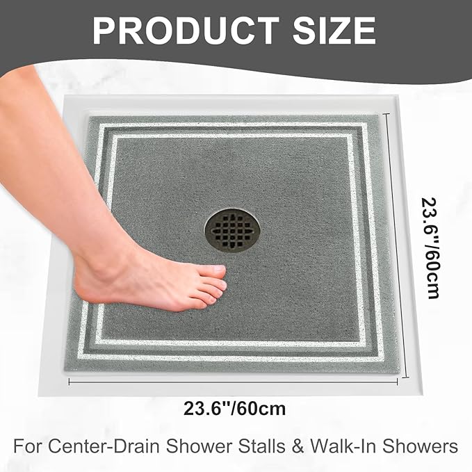 Square Shower Mat Non Slip: 24x24 Inch Extra Large Shower Mats for Inside Shower, Anti Slip Shower Floor Mat, Loofah Shower Stall Mats for Elderly, Non Slip Shower Mat with Drain Hole in Middle