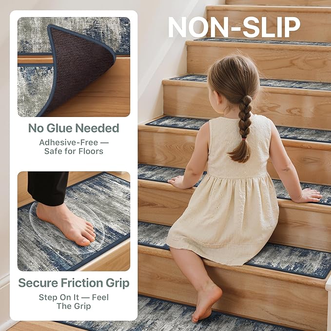Non Slip Stair Treads for Wooden Steps 15PCS - 8"x30" Indoor Safety Carpet, Edging Mats with TPE Adhesive Backing, Pet and Elderly Friendly Stair Rugs (Blue/Ivory)