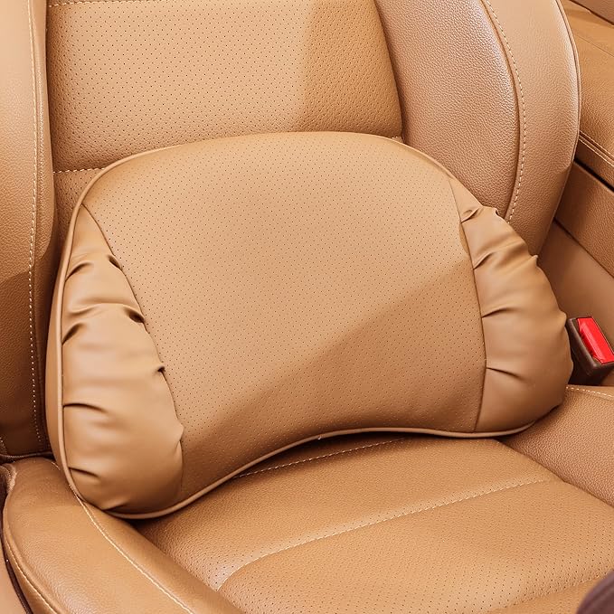 Lumbar Support Pillow for Car Seat, Memory Foam Leather Lumbar Pillow for Lower Back Pain Relief - Back Cushion for Driving - Chair Support for Office Chair, Palomino Brown, 1 Pack