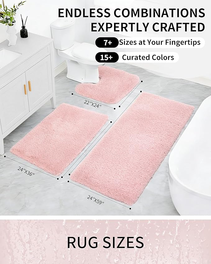 Bathroom Rugs Non Slip Washable, Ultra Thick Soft Microfiber Absorbent Bath Mats, High Density Foam Latex Non Slip Backing Bath Rugs, Fluffy Floor Carpet for Tub&Shower 24x17, Pink