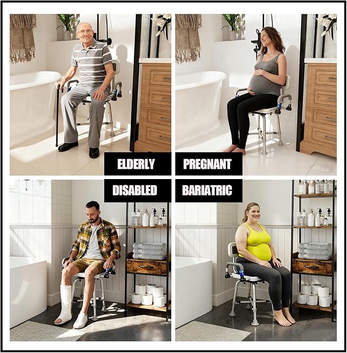 360° Swivel Shower Chair for Elderly and Disabled 400lbs Heavy Duty Bathing Transfer Stool with Armrests & Backrest Adjustable Height Bath Chair for Inside Shower Standard Bathrooms & Bathtubs Gray
