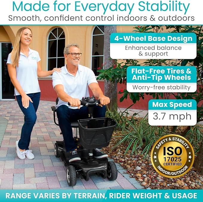 Vive 4 Wheel Mobility Scooter - Electric Powered Wheelchair Device - Compact Heavy Duty Mobile for Travel, Adults, Elderly - Long Range Power Extended Battery with Charger & Basket