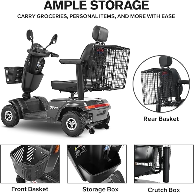 S500 4-Wheel Electric Mobility Scooter, Long-Range 52Ah Battery Up to 25 Miles, 500W Heavy-Duty Motor, 10” Pneumatic Tires, Adjustable Captain Seat, Storage Baskets for Seniors, Gloss Black