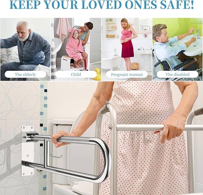 Toilet Grab Bar 30.3 Inch Chrome, Munzong Anti-Slip Handicap Grab Bars with Paper Holder, Flip-Up Bathroom Safety Rails, Stainless Steel Knurled Support handrails for Seniors Elderly Disabled Pregnant