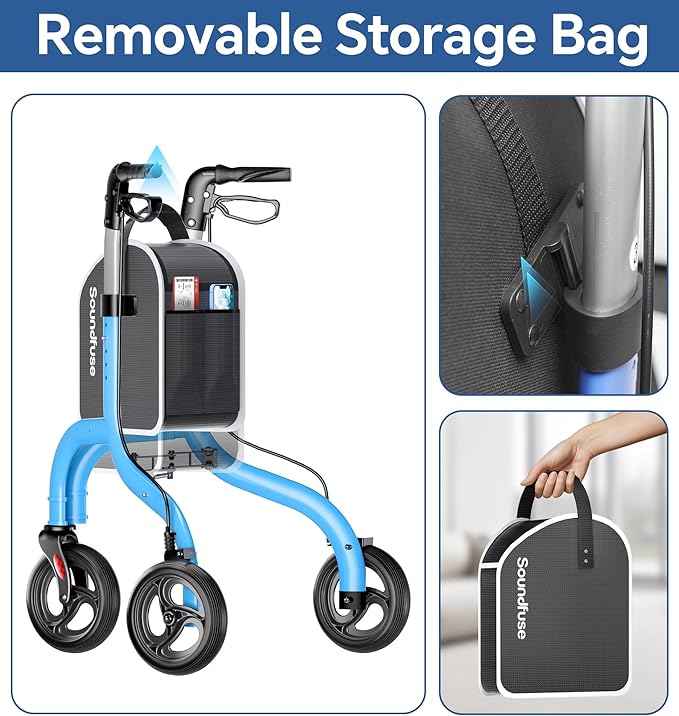 SOUNDFUSE 3 Wheel Walkers for Seniors, Lightweight Foldable Aluminum Rollator Walker, Height Adjustable Three Wheel Walker, Blue