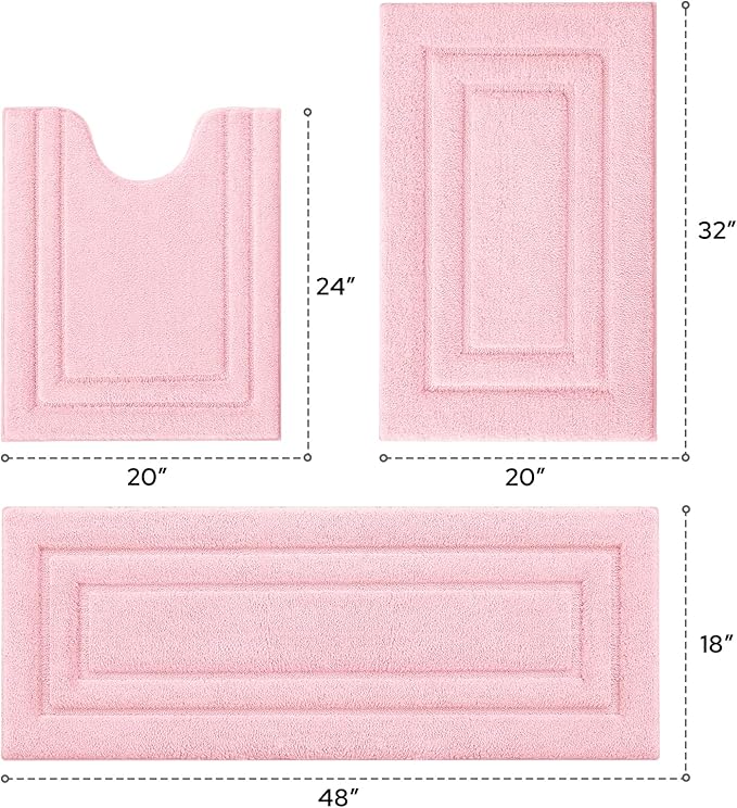HOMEIDEAS Bathroom Rugs Sets 3 Piece, Microfiber Shaggy Bath Mat Set, Non-Slip Ultra Soft Carpet Mats, Large Rugs with U-Shaped Toilet for Bathroom, Tub, Shower,Pink